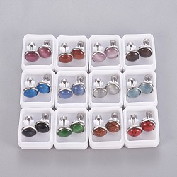 304 Stainless Steel Earlobe Plugs, Screw Back Earrings, with Synthetic Gemstone and Cat Eye, Half Round, Mixed Color, Stainless Steel Color, 10mm, Pin: 1mm, 12pairs/card(EJEW-F227-20P-B)