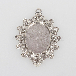 Vintage Tibetan Style Alloy Large Flower Pendant Cabochon Bezel Settings, Cadmium Free & Lead Free, Antique Silver, Oval Tray: 20x30mm, 57x37x2mm, Hole: 3mm, about 91pcs/kg(TIBEP-O006-55AS)