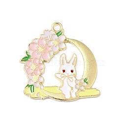 Alloy Enamel Pendants, Moon with Rabbit & Sakura, Golden, Colorful, 31.5x30.5x1.5mm, Hole: 2.5mm(FIND-B012-02)