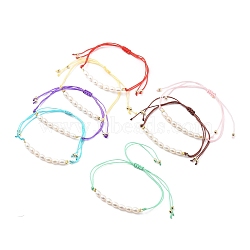 Adjustable Nylon Cord Braided Bead Bracelets, with Natural Cultured Freshwater Pearl Beads and Golden Plated Brass Beads, Mixed Color, Inner Diameter: 1/2 inch~3-3/4 inch(1.4~9.5cm)(BJEW-JB05489)