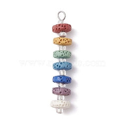 Chakra Natural Lava Rock Dyed Beaded Pendants, with Silver Lined Glass Seed Beads, Disc Charms, Platinum, 43x8mm, Hole: 2.5mm(PALLOY-JF02545-04)