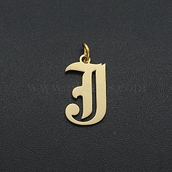201 Stainless Steel Pendants, with Jump Ring, Old English, Letter, Laser Cut, Golden, Letter.J, 16.5x9.5x1mm, Hole: 3mm(A-STAS-R111-JA566-J)
