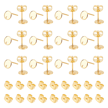 40Pcs 201 Stainless Steel Stud Earring Findings, with 316 Surgical Stainless Steel Pins and Hole, Flat Round, with 40Pcs 304 Stainless Steel Friction Ear Nuts, Real 24K Gold Plated, 6mm, Hole: 1.2mm, Pin: 0.7mm