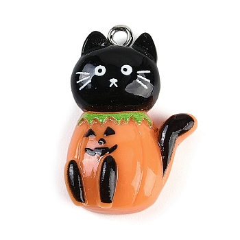 Halloween Theme Resin Pendants, with Platinum Iron Findings, Cat Shape, 29x19.5x9.5mm, Hole: 2mm