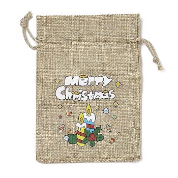 Christmas Printed Burlap Packing Pouches Drawstring Bags, Rectangle, Tan, Candle, 14x10x0.01cm