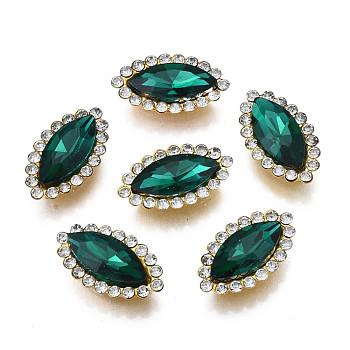 Sew on Rhinestone, Transparent Glass Rhinestone, with Iron Prong Settings, Faceted, Horse Eye, Emerald, 20x12x6mm, Hole: 1.2mm