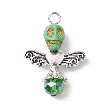 Synthetic Turquoise & Glass Pendants, Skull Charms with Alloy Wings, Lime Green, 32x23.5x10mm, Hole: 3.5mm