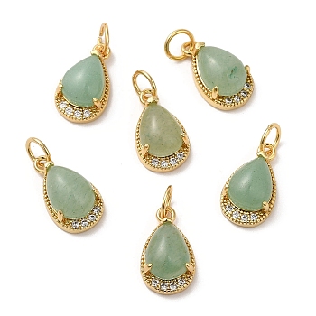 Natural Green Aventurine Teardrop Charms, with Rack Plating Brass Micro Pave Clear Cubic Zirconia Findings and Jump Ring, Cadmium Free & Lead Free, Real 18K Gold Plated, 13.5x8x5.5mm, Hole: 3.5mm