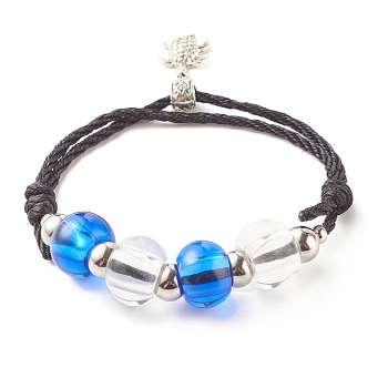 Glass Round Beaded Bracelet with Alloy Sea Turtle, Adjustable Friendship Bracelet for Women, Blue, Inner Diameter: 2-1/4~3-3/4 inch(5.8~9.5cm)