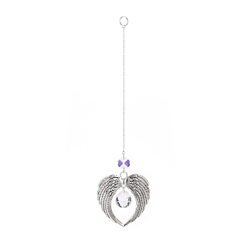 Wing Alloy Big Pendants Decoration, Hanging Suncatchers, with Glass Teardrop Pendant and Octagon Bead, for Home Decoration, Antique Silver, 255mm