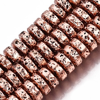 Electroplated Natural Lava Rock Beads Strands, Heishi Beads, Flat Round/Disc, Bumpy, Rose Gold Plated, 8x4mm, Hole: 1.2mm, about 105pcs/strand, 15.75 inch(40cm)
