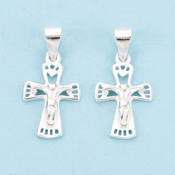 925 Sterling Silver Jesus Cross Pendants, Religion Charms with Snap on Bails and 925 Stamp, Silver, 17.5x10.5x2mm, Hole: 4.5x3.5mm