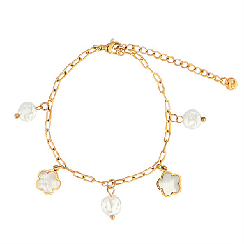 Natural Pearls and Shell Flower Charm Bracelet with Stainless Steel Paperclip Chains, Golden, 8-1/4 inch(21cm)