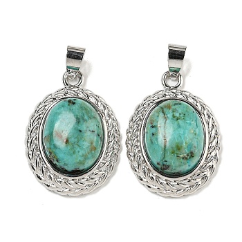 Natural African Turquoise(Jasper) Oval Pendants, Rack Plating Brass Gems Charms, Platinum, 27.5x19.5x8mm, Hole: 5x4mm