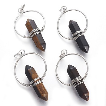 Natural Tiger Eye Big Double Terminated Pointed Pendants, with Brass Findings, Bullet, Platinum, 57.5~59x33.2~34x12~12.5mm, Hole: 7.5~8x5mm