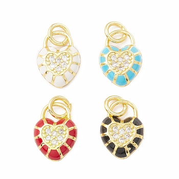 Rack Plating Brass Micro Pave Cubic Zirconia Pendants, with Enamel, Long-Lasting Plated, Real 18K Gold Plated, Cadmium Free & Lead Free, Heart Padlock, Mixed Color, 15x11x3mm, Jump Ring: 6x1mm, Inner Diameter: 4mm