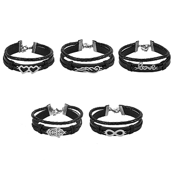 5Pcs 5 Styles Retro Leather Cord Multi-strand Bracelets, with Waxed Cotton Cord, Mixed Shapes 201 Stainless Steel Links, Iron Ribbon Ends and 304 Stainless Steel Lobster Claw Clasps, Black, 7-7/8 inch(20cm), 14mm, 1pc/style