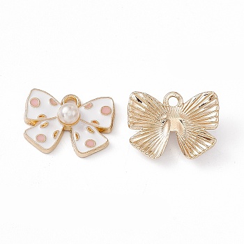 Alloy Enamel Pendants, with ABS Plastic Imitation Pearl Beads, Light Gold, Bowknot Charm, White, 12.5x16.5x5mm, Hole: 1.6mm