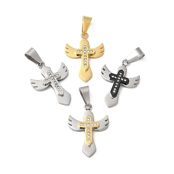 Vacuum Plating 304 Stainless Steel Pendants, with Rhinestone, Cross with Wing Charm, Mixed Color, 28.2x20x3.5mm, Hole: 9x5mm