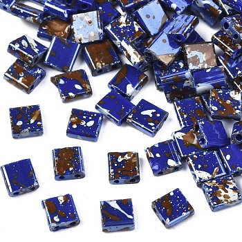 2-Hole Opaque Glass Seed Beads, Antique Style, Rectangle, Medium Blue, 5x4.5~5.5x2~2.5mm, Hole: 0.5~0.8mm
