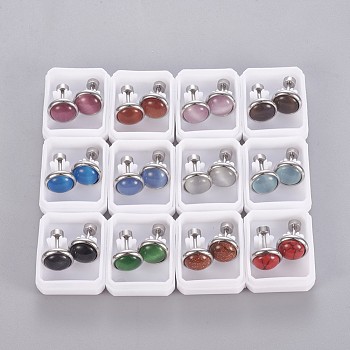 304 Stainless Steel Earlobe Plugs, Screw Back Earrings, with Synthetic Gemstone and Cat Eye, Half Round, Mixed Color, Stainless Steel Color, 10mm, Pin: 1mm, 12pairs/card