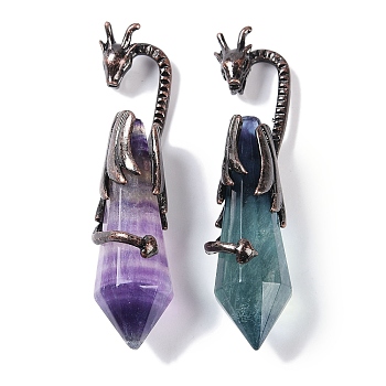 Natural Fluorite Faceted Pointed Bullet Big Pendants, Rack Plating Brass Dragon Charms, Lead Free & Cadmium Free, Red Copper, 73.5~78.5x15.5~16.5x15.5~16.5mm, Hole: 4x2.5mm