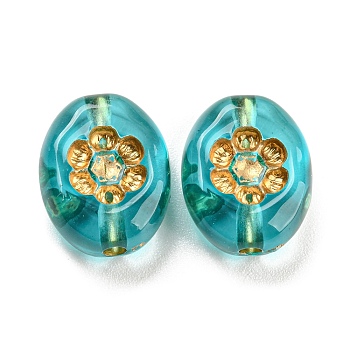 Plating Transparent Acrylic Beads, Golden Metal Enlaced, Oval with Flower, Medium Turquoise, 13.5x11x5.5mm, Hole: 1.8mm, about 909pcs/500g