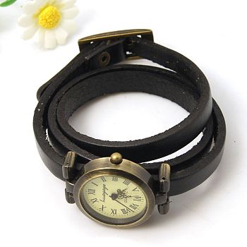 Fashion Triple Wrap Leather Watch Bracelets, with Alloy Watch Components, Antique Bronze, Black, 610~620x9x6mm