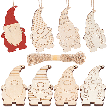 DIY Crafts Christmas Tree Hanging Decorations, Including Undyed Natural Wood Dwarf Big Pendants, Christmas Santa Claus Wooden Ornaments Set, Jute Cord, BurlyWood, 25pcs/box