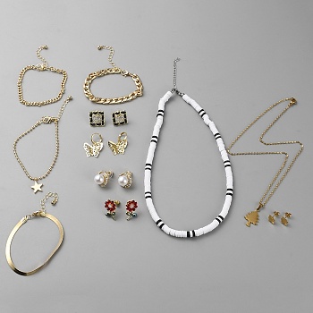 Flower & Butterfly & Tree Brass Jewelry Set, Pendant Necklaces & Chain Bracelet & Stud Earrings, Golden, 17.72~17.87 inch(45~45.4cm), 9.09~9.29 inch(23.1~23.6cm), 10~27x7.5~20mm