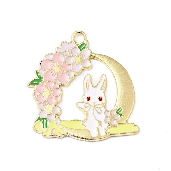 Alloy Enamel Pendants, Moon with Rabbit & Sakura, Golden, Colorful, 31.5x30.5x1.5mm, Hole: 2.5mm
