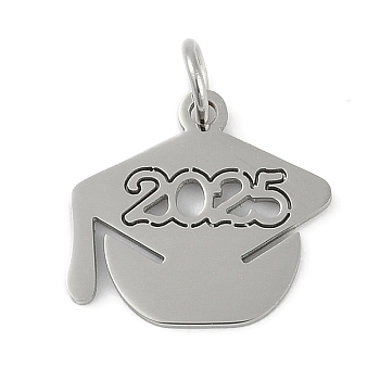 Non-Tarnish 304 Stainless Steel Pendants, with Jump Ring, 2025 Bachelor's Cap Charms, Laser Cut, Stainless Steel Color, 13.5x15x1mm, Hole: 3.2mm