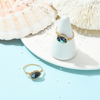 Oval Abalone Shell/Paua Shell Finger Rings, Copper Wire Wraped Rings, Light Gold, US Size 8 1/2(18.5mm)~19mm
