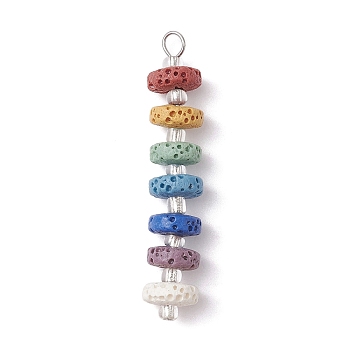 Chakra Natural Lava Rock Dyed Beaded Pendants, with Silver Lined Glass Seed Beads, Disc Charms, Platinum, 43x8mm, Hole: 2.5mm