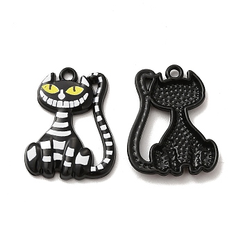 Alloy Enamel Pandants, Lead Free & Cadmium Free, Spray Painted, for Halloween, Cat Charm, Black, 25x19x3mm, Hole: 1.8mm