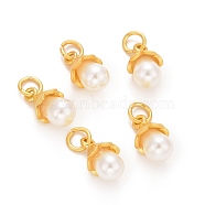 ABS Plastic Imitation Pearl Pendants, with Rack Plating Flower Brass Finding and Jump Ring, Long-Lasting Plated, Teardrop, Golden, 13x7mm, Jump Ring: 5x1mm, Inner Diameter: 3.5mm(FIND-M005-01G)