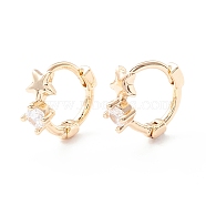 Star Cubic Zirconia Huggie Hoop Earrings, Rack Plating Brass Hinged Earrings for Women, Cadmium Free & Lead Free, Real 14K Gold Plated, 11x12x5mm, Pin: 0.8mm(KK-D069-08G-RS)