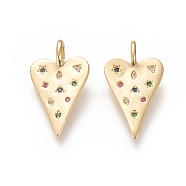 Brass Micro Pave Cubic Zirconia Pendants, Long-Lasting Plated, Heart, Colorful, Real 18K Gold Plated, 23.5x13x1.5mm, Hole: 4x2.5mm(X-ZIRC-L091-067G)