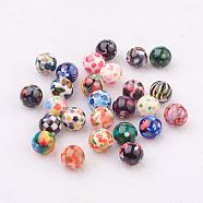 Spray Painted Resin Beads, with Pattern, Round, Mixed Color, 10mm, Hole: 2mm(GLAA-F049-A)