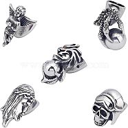 Unicraftale 5Pcs 5 Style 304 Stainless Steel Hook Clasps, For Leather Cord Bracelets Making, Skull & Claw with Ball & Dragon with Ball & Man & Prayer Angel, Antique Silver, 1pc/style(STAS-UN0021-98AS)