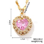 Brass Pave Cubic Zirconia Coffee Bean Chain Cute Heart Pendant Necklaces for Women, Golden, Pink, 15.75 inch(40cm)(IG3619-1)