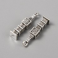 Tibetan Style Alloy Pendants, Big Ben Charms, Antique Silver, 27x6x6mm, Hole: 1.6mm(FIND-CJC0018-27AS)