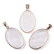 Natural Quartz Crystal Pendants, with Light Gold Plated Brass Edge and Snap on Bail, Oval, 35~36x21.5x6.5mm, Hole: 6x11mm(G-N326-31H)