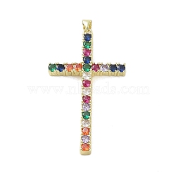 Real 18K Gold Plated Brass with Random Color Glass Pendants, Cross, Colorful, 51x28.5x4mm, Hole: 3.5x4.1mm(KK-A209-11G-02)