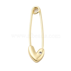 Brass Micro Pave Cubic Zirconia Safety Pins, Kilt Pins, Heart, Lead Free & Cadmium Free, Long-Lasting Plated, Real 18K Gold Plated, 39x10x3.5mm(KK-H206-04G)