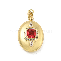 Brass Cubic Zirconia Locket Pendants, Photo Frame Charms, with Jump Ring, Real 18K Gold Plated, Red, Oval, 32.5x23x12.5mm, Hole: 4mm, Inner Diameter: 25.5x20mm(KK-N254-93C-G)