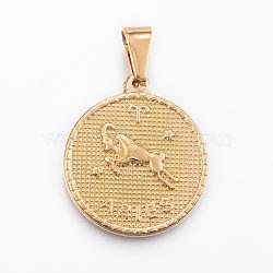 Real 18K Gold Plated 304 Stainless Steel Pendants, Flat Round with Twelve Constellation/Zodiac Sign, Aries, 29x25x3.2mm, Hole: 9x4.5mm(STAS-H372-01J)