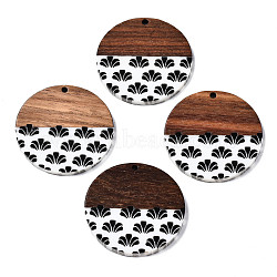 Resin & Walnut Wood Pendants, Flat Round, Black, 35x2~3mm, Hole: 2mm(RESI-S389-079)
