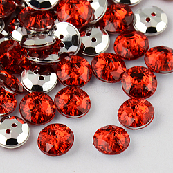 2-Hole Taiwan Acrylic Rhinestone Flat Round Buttons, Faceted & Silver Plated Pointed Back, Crimson, 18x6mm, Hole: 1mm(BUTT-F015-18mm-03)
