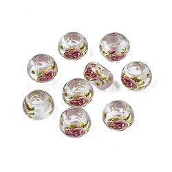 Flower Printed Transparent Acrylic Rondelle Beads, Large Hole Beads, Clear, 15x9mm, Hole: 7mm(TACR-S160-01-D03)